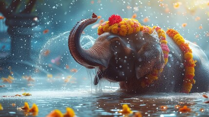 Elephant is doused with water at Songkran festival in Thailand