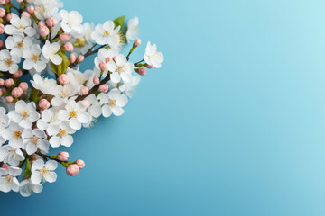 Spring blossoms on pastel blue background. Springtime composition with copy space - 727445738