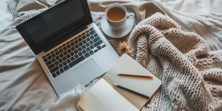 Blank notebook, laptop and a cup of coffee on a bed in beige tones. Home office and hobby concept
