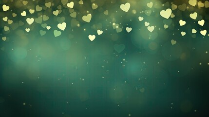 Rozmyte złote serca unoszą się w powietrzu na zielonym tle, tworząc romantyczną atmosferę na Walentynki.