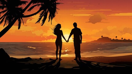 Mężczyzna i kobieta stojąc na plaży trzymają się za ręce na tle zachodu słońca wśród palm i wysp.