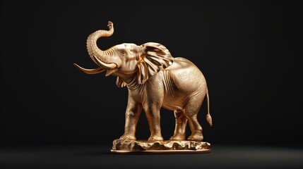 Golden elephant statue with the trunk raised up              on a black background