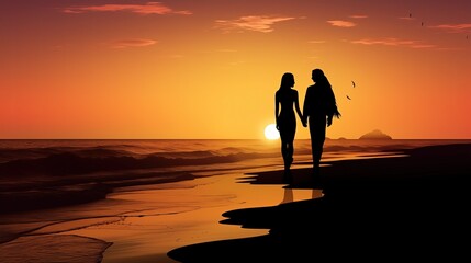 Para osób spaceruje po plaży o zachodzie słońca i cieszy się romantycznym wieczorem.