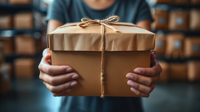 Person Offering a Wrapped Package in a Warehouse Setting