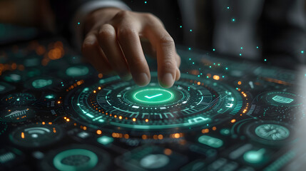 Obraz premium Abstract concept photo of man touching future technology social network button