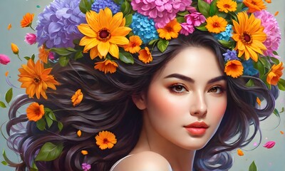 Beautiful young woman with colorful flowers in her heir