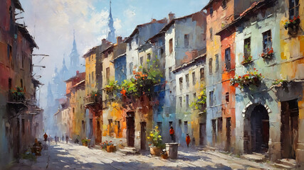 Naklejka premium city and buildings, landscape oil painting, watercolor, oil painting for printing, painting on canvas, beautiful view