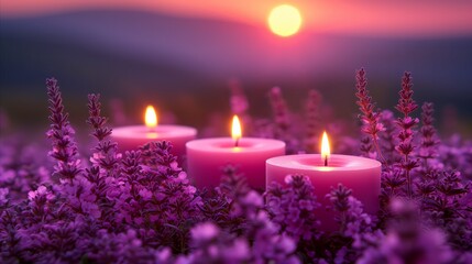 Obraz na płótnie Canvas Tranquil Sunset With Lit Candles Amidst Lavender Flowers