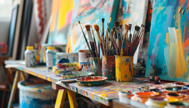Art supplies on an art studio