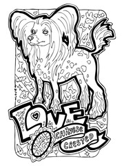 Small dog pet coloring book pages. Cute and lovely little puppet, funny house animal colouring page hobby for adults and kids. Hand drawn illustration, cartoon character, line style drawing.