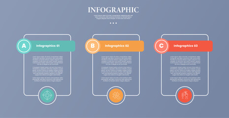 3 point stage or step infographic template with table box container outline style and circle header badge for slide presentation