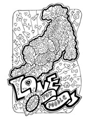 Small dog pet coloring book pages. Cute and lovely little puppet, funny house animal colouring page hobby for adults and kids. Hand drawn illustration, cartoon character, line style drawing.