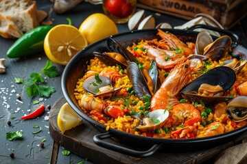 Tradicional Spanish paella with seafood. A dish of rice, shrimp, mussels and other sea creatures....