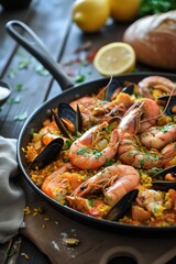 Tradicional Spanish paella with seafood. A dish of rice, shrimp, mussels and other sea creatures....