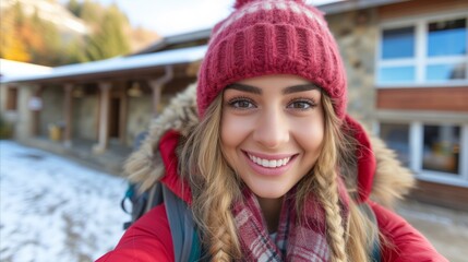 Smiling Woman in Winter Attire Taking Selfie Outside Snowy Cabin