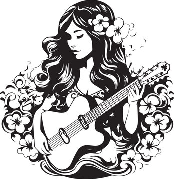 Hippie Girl Playing Guitar Vector Illustration