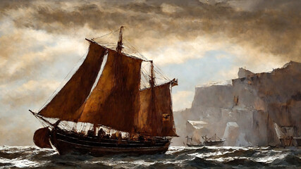 sea and old ships landscape oil painting, watercolor, oil painting for printing, painting on canvas, beautiful view
