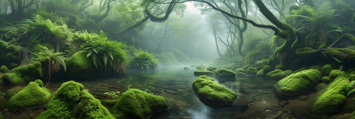 a mossy stream in the forest 