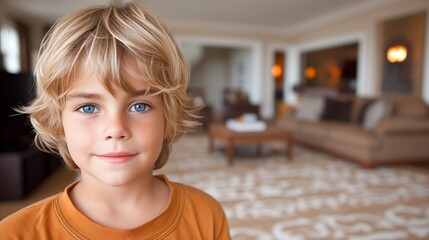 Young Boy With Blue Eyes in a Warmly Lit Living Room - Powered by Adobe