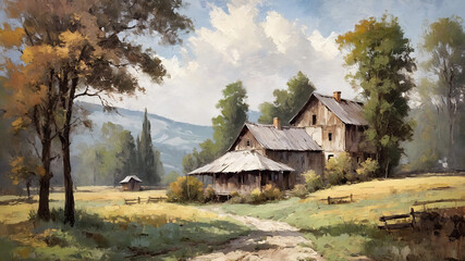 old wooden cottage landscape oil painting, watercolor, oil painting for printing, painting on canvas, beautiful view