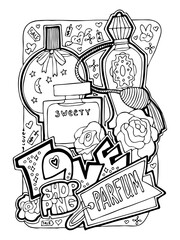 Shopping mall colouring book page for girls who likes to buy clothes and cosmetic. Anti stress hobby. Glamourous lifestyle, summer sale promotion. Hand drawn illustration, cartoon style line drawing.