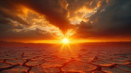 Zelfklevend Fotobehang Sunset Over Cracked Desert Landscape © OKAN