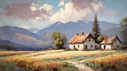 Fotobehang old wooden cottage landscape oil painting, watercolor, oil painting for printing, painting on canvas, beautiful view © GartG