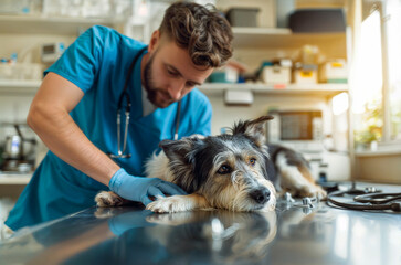 Veterinary examining dog in the operating room with medical equipment in a veterinary clinic