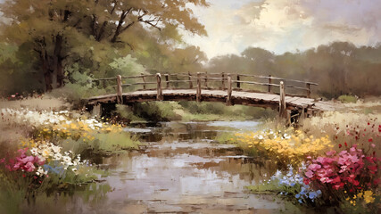 old wooden bridge over the river landscape oil painting, watercolor, oil painting for printing, painting on canvas, beautiful view