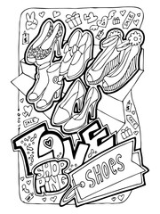 Shopping mall colouring book page for girls who likes to buy clothes and cosmetic. Anti stress hobby. Glamourous lifestyle, summer sale promotion. Hand drawn illustration, cartoon style line drawing.