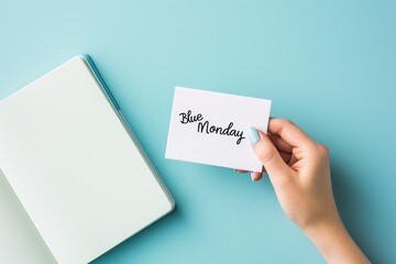White card with text Blue Monday over blue background. 