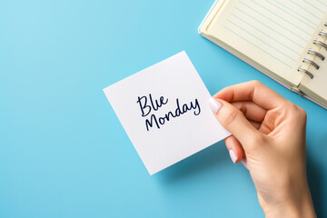 White card with text Blue Monday over blue background. 