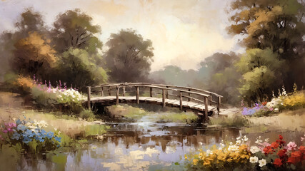 old wooden bridge over the river landscape oil painting, watercolor, oil painting for printing, painting on canvas, beautiful view