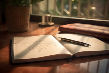 An open notebook with a pen on the desk