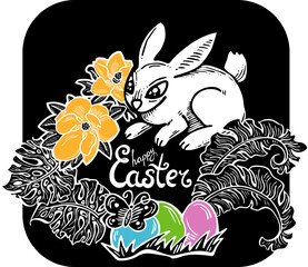 Easter bunny with basket, eggs, flowers, butterfly. Decorative vector design composition for poster print, greeting card, kids party invitation. Hand drawn illustration. Vintage cartoon style drawing.