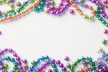 Mardi gras beads colorful frame on white background.
