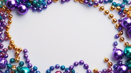 Mardi gras beads colorful frame on white background.