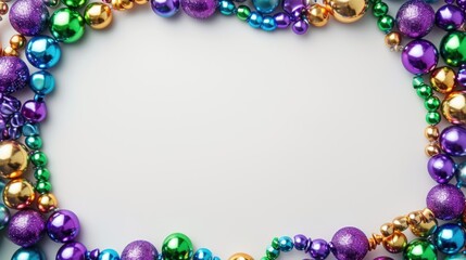 Fototapeta premium Mardi gras beads colorful frame on white background.