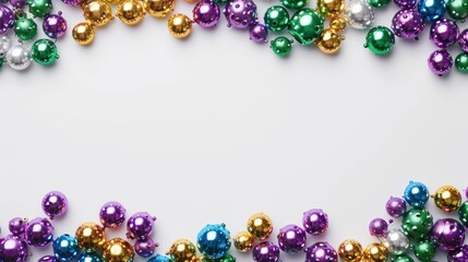 Mardi gras beads colorful frame on white background.