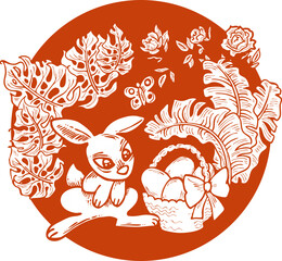 Easter bunny with basket, eggs, flowers, butterfly. Decorative vector design composition for poster print, greeting card, kids party invitation. Hand drawn illustration. Vintage cartoon style drawing.