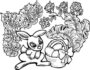 Easter bunny with basket, eggs, flowers, butterfly. Decorative vector design composition for poster print, greeting card, kids party invitation. Hand drawn illustration. Vintage cartoon style drawing.