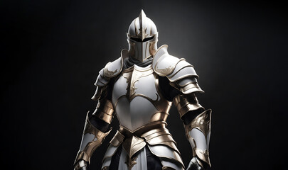 Medieval knight in white shiny armour. Portrait of a powerful knight warrior - obrazy, fototapety, plakaty