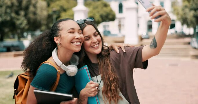 University, friends and women for selfie happy on campus for learning, education and studying at school. College, academy and students take profile picture for social media, online post and memory