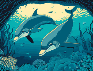 Obraz premium Vector illustration. Dolphins under water at the coral reef. Underwater world of the ocean. Algae, corals and sea anemones on the seabed.