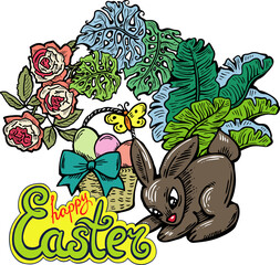 Fototapeta premium Easter bunny with basket, eggs, flowers, butterfly. Decorative vector design composition for poster print, greeting card, kids party invitation. Hand drawn illustration. Vintage cartoon style drawing.