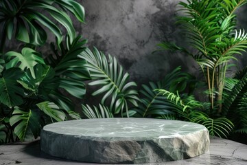 3D Podium stand with tropical leaves background. 