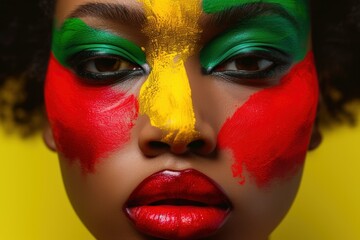 Closed up African-American woman face fashion with red yellow green black colors.