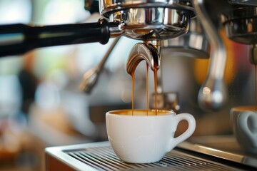 Espresso coffee machine making espresso coffee in cafe.