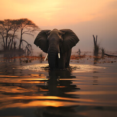 elephant in middle in the lake maedow, wildlife, blurry background