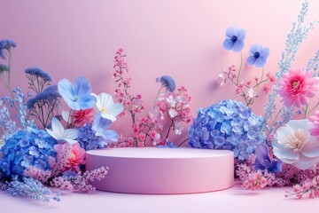 3D podium for cosmetic products surrounded spring flower background.